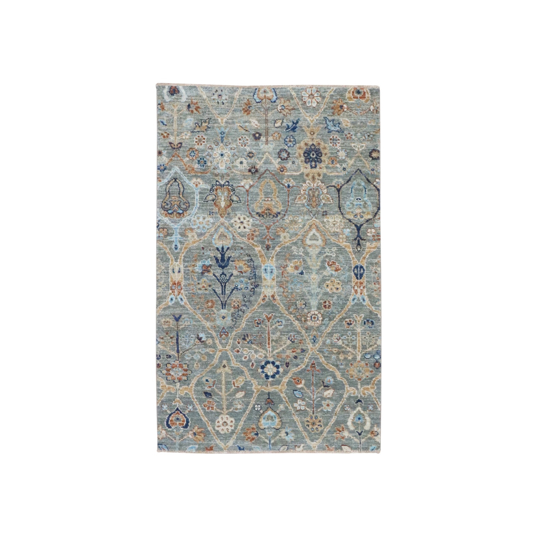 3'x5' Sage Green, Trellis Borderless Garden Design, Agra, Hand Knotted, Hand Spun New Zealand Wool,
Oriental Rug 